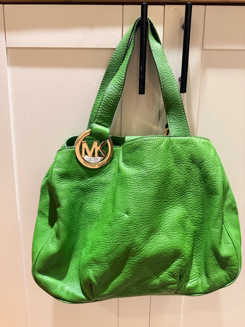 Michael Kors Bright Green Pebbled Leather Shoulder Bag with Gold MK Charm